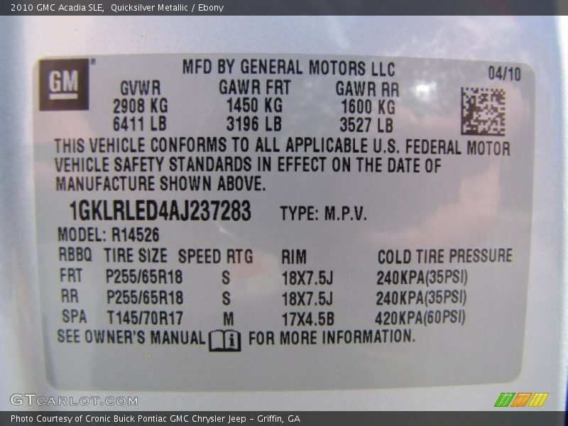 Quicksilver Metallic / Ebony 2010 GMC Acadia SLE