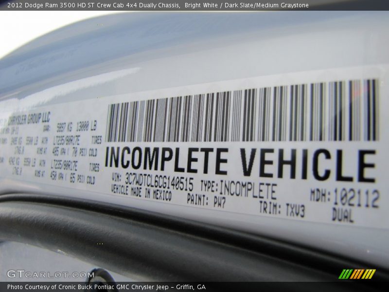 Bright White / Dark Slate/Medium Graystone 2012 Dodge Ram 3500 HD ST Crew Cab 4x4 Dually Chassis