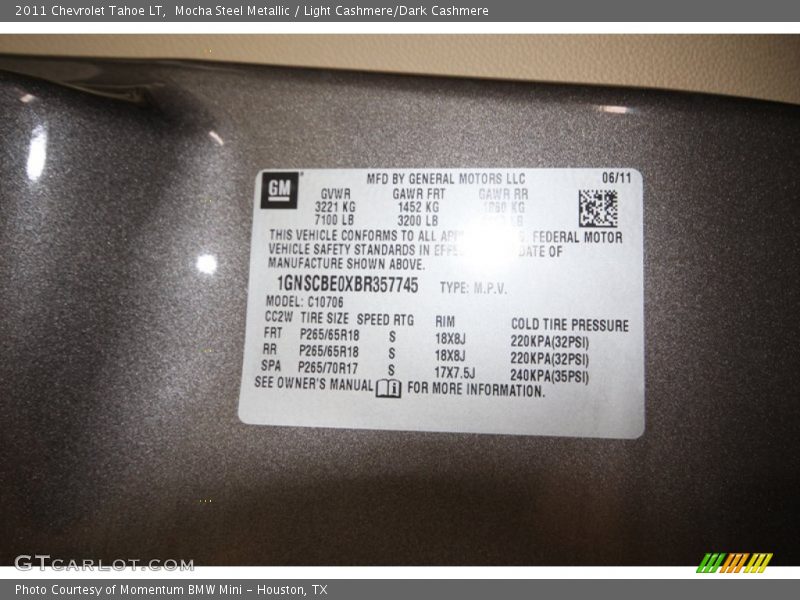 Mocha Steel Metallic / Light Cashmere/Dark Cashmere 2011 Chevrolet Tahoe LT