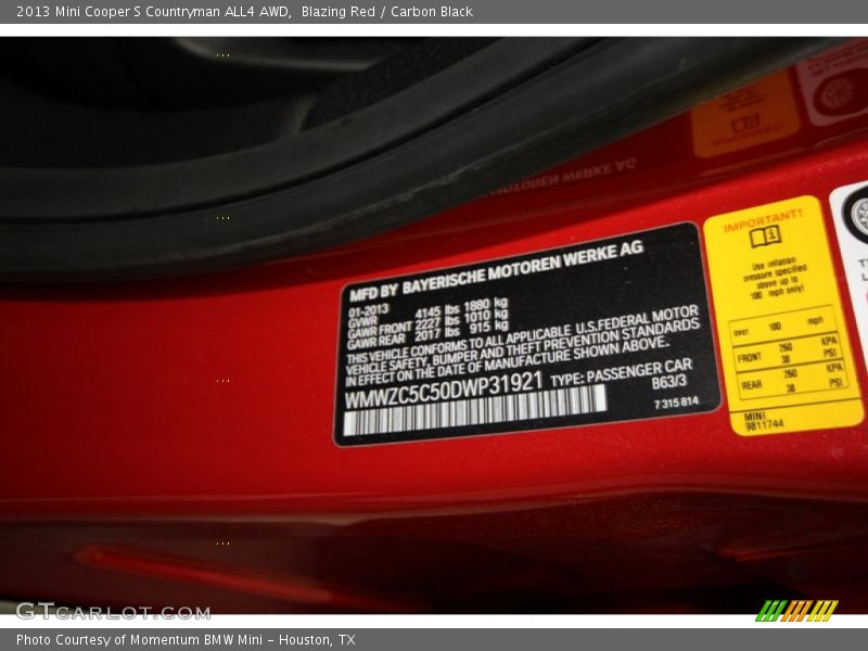 2013 Cooper S Countryman ALL4 AWD Blazing Red Color Code B63