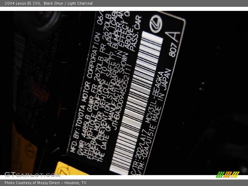 Black Onyx / Light Charcoal 2004 Lexus ES 330