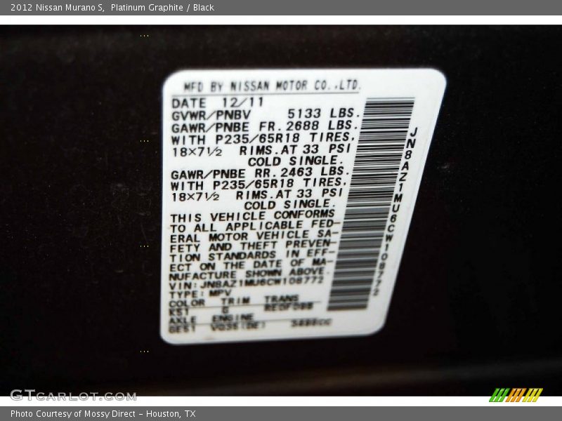 Platinum Graphite / Black 2012 Nissan Murano S