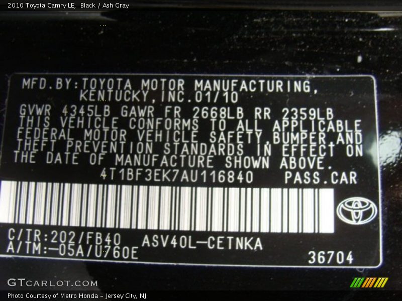 Black / Ash Gray 2010 Toyota Camry LE