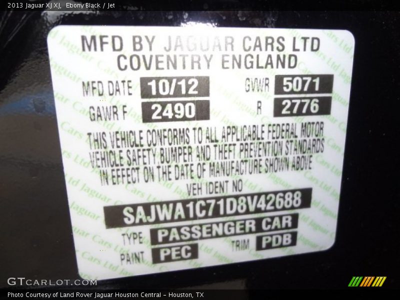 2013 XJ XJ Ebony Black Color Code PEC