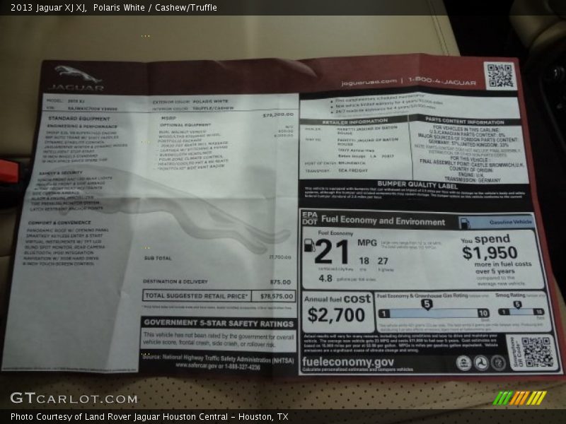  2013 XJ XJ Window Sticker