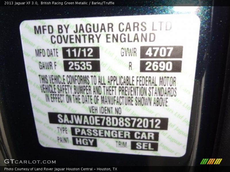 2013 XF 3.0 British Racing Green Metallic Color Code HGY