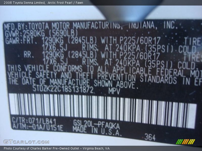2008 Sienna Limited Arctic Frost Pearl Color Code 071
