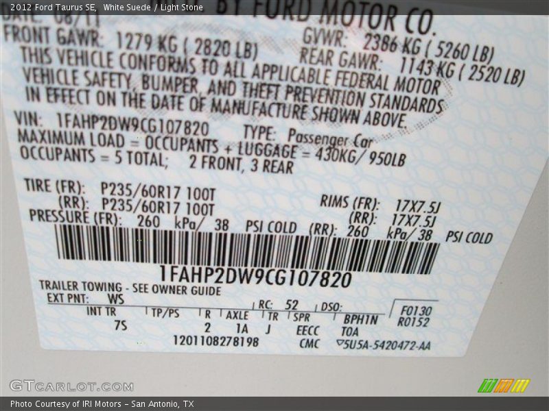 White Suede / Light Stone 2012 Ford Taurus SE