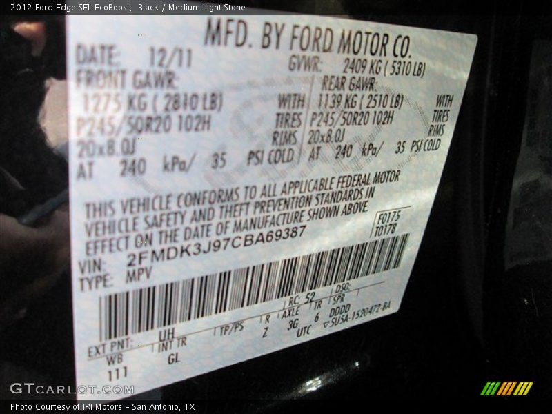 Black / Medium Light Stone 2012 Ford Edge SEL EcoBoost
