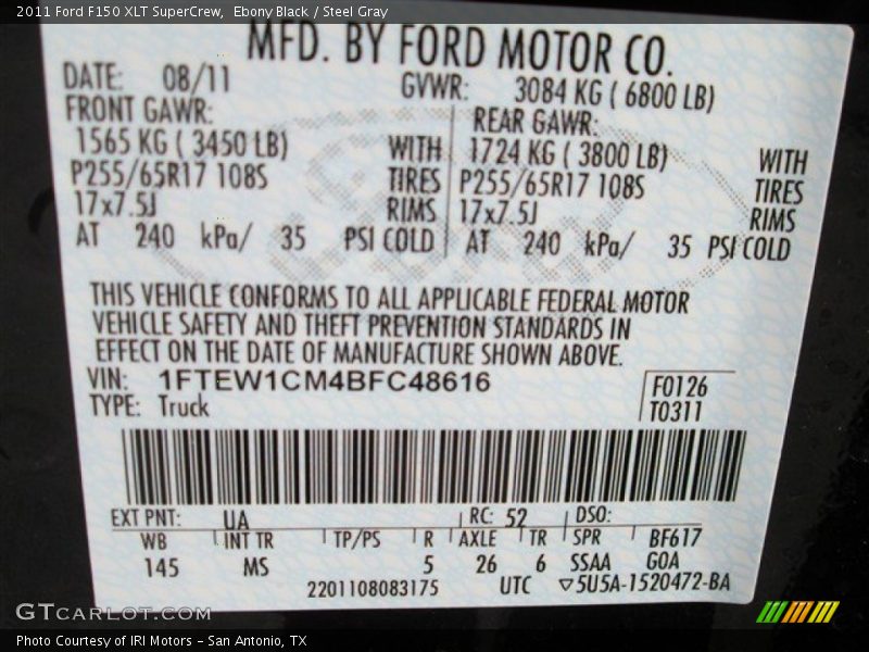 2011 F150 XLT SuperCrew Ebony Black Color Code UA
