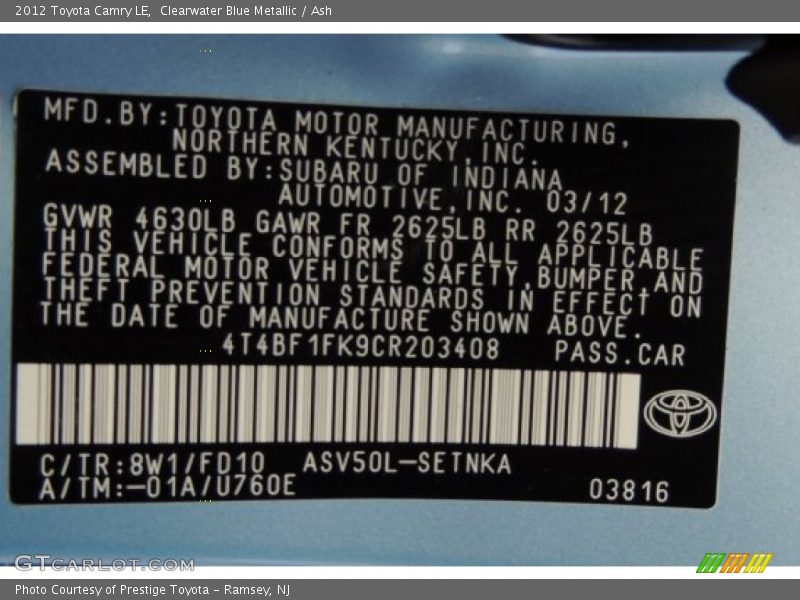 Clearwater Blue Metallic / Ash 2012 Toyota Camry LE