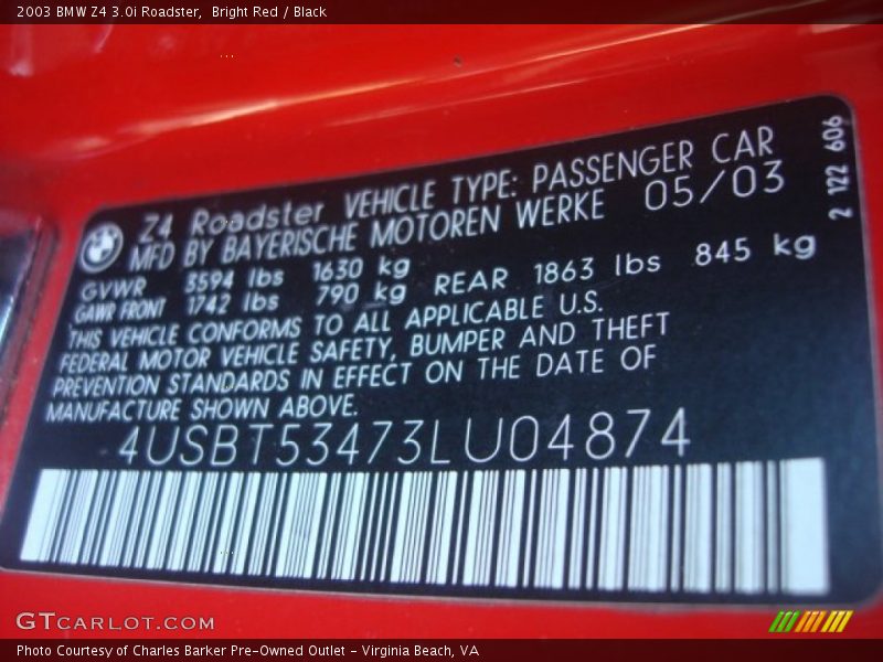 Info Tag of 2003 Z4 3.0i Roadster