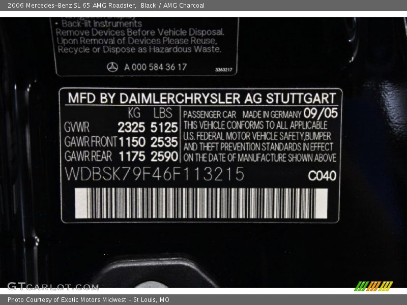 2006 SL 65 AMG Roadster Black Color Code 040