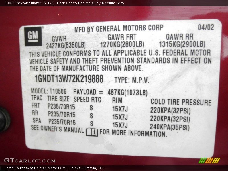 Dark Cherry Red Metallic / Medium Gray 2002 Chevrolet Blazer LS 4x4