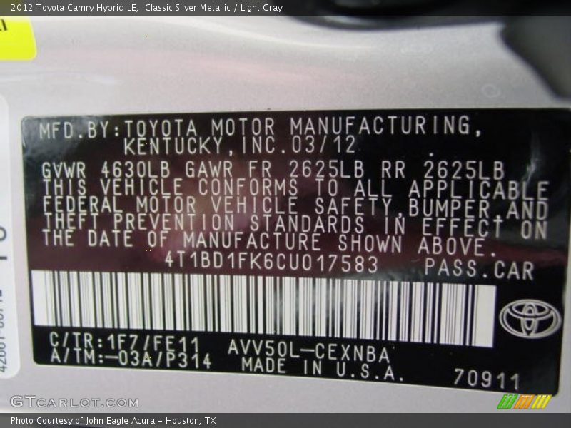 Classic Silver Metallic / Light Gray 2012 Toyota Camry Hybrid LE