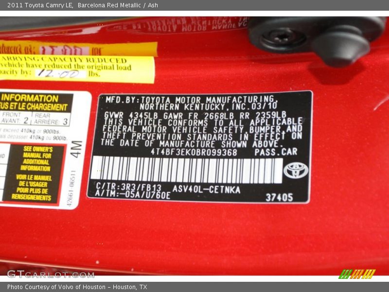 2011 Camry LE Barcelona Red Metallic Color Code 3R3