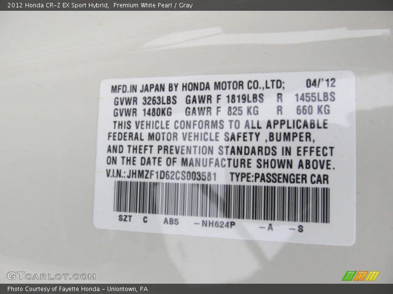 Premium White Pearl / Gray 2012 Honda CR-Z EX Sport Hybrid