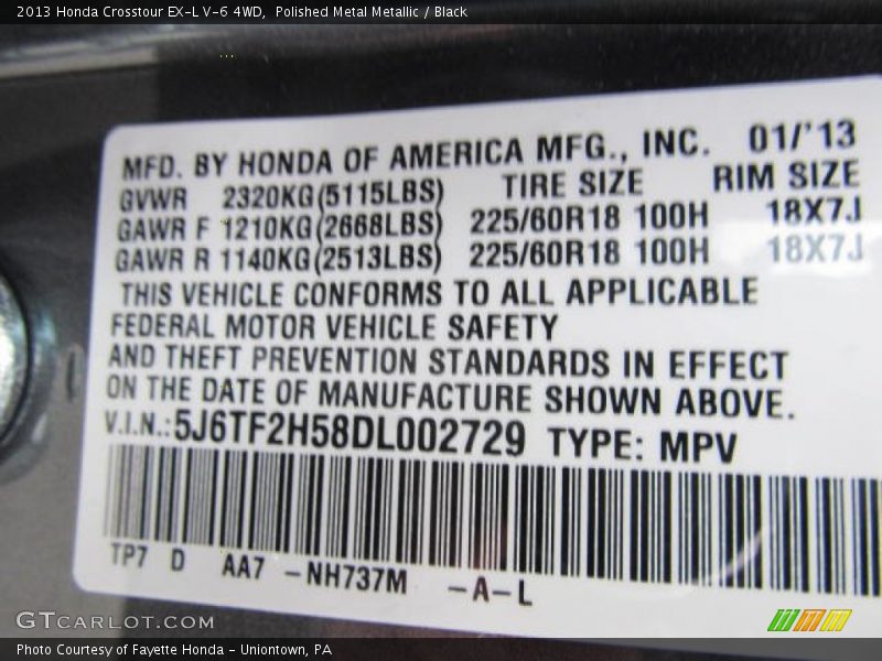 2013 Crosstour EX-L V-6 4WD Polished Metal Metallic Color Code NH737M