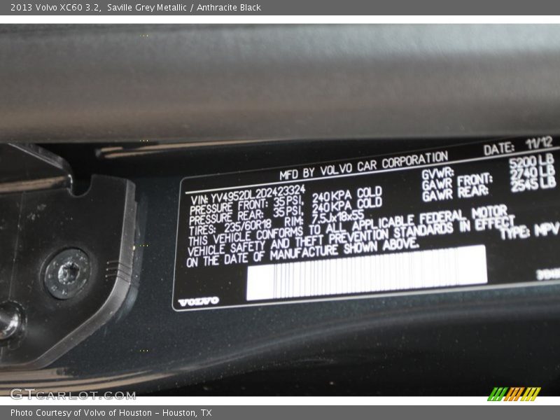 Saville Grey Metallic / Anthracite Black 2013 Volvo XC60 3.2