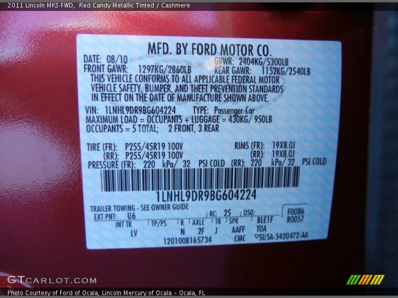 2011 MKS FWD Red Candy Metallic Tinted Color Code U6