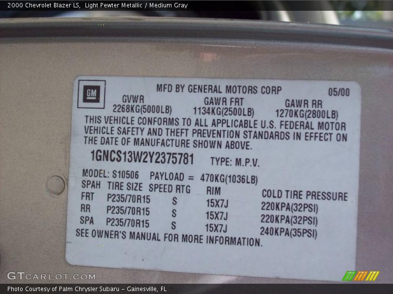 Light Pewter Metallic / Medium Gray 2000 Chevrolet Blazer LS