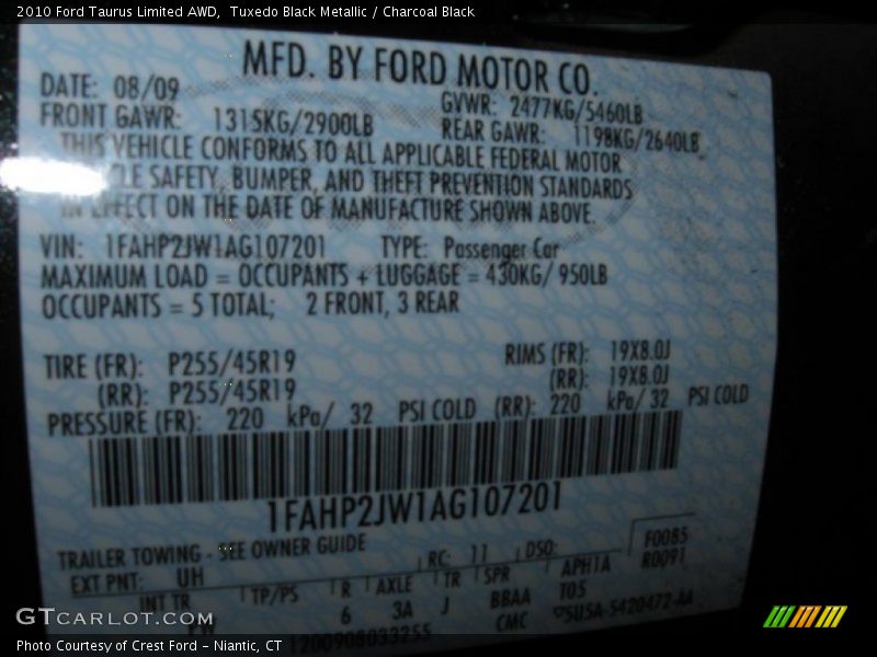 Tuxedo Black Metallic / Charcoal Black 2010 Ford Taurus Limited AWD