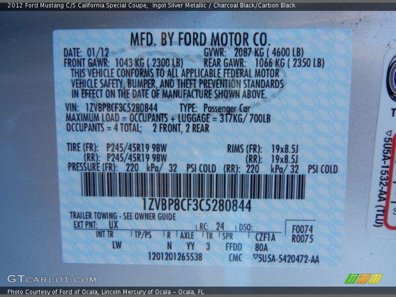 2012 Mustang C/S California Special Coupe Ingot Silver Metallic Color Code UX