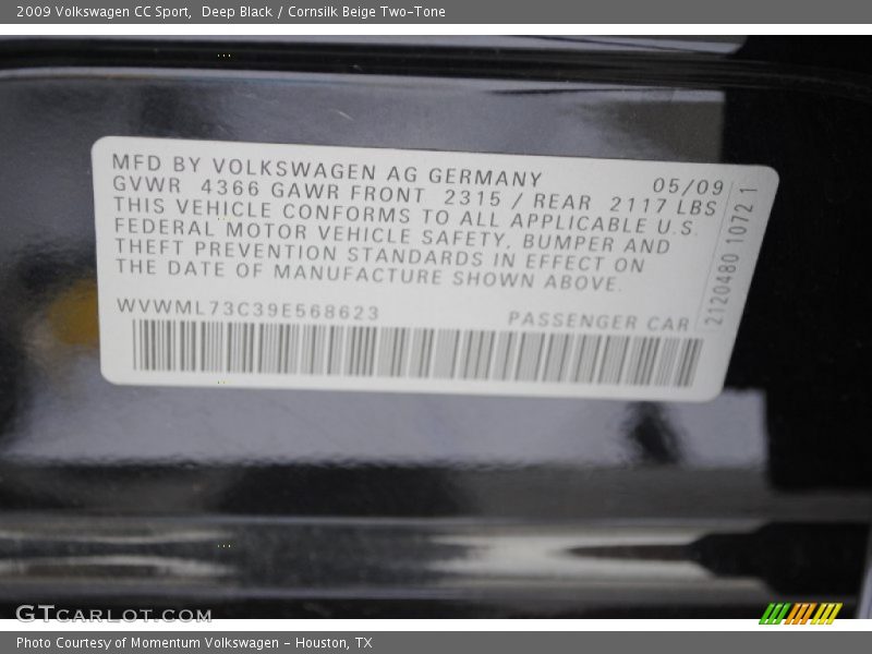 Deep Black / Cornsilk Beige Two-Tone 2009 Volkswagen CC Sport