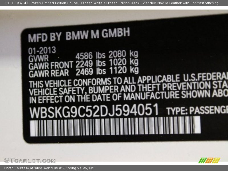 Info Tag of 2013 M3 Frozen Limited Edition Coupe