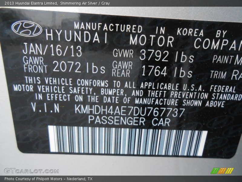 2013 Elantra Limited Shimmering Air Silver Color Code MTS