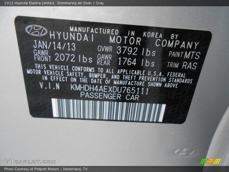 2013 Elantra Limited Shimmering Air Silver Color Code MTS