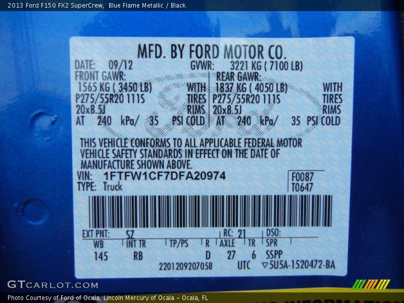 2013 F150 FX2 SuperCrew Blue Flame Metallic Color Code SZ