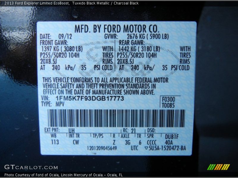 2013 Explorer Limited EcoBoost Tuxedo Black Metallic Color Code UH