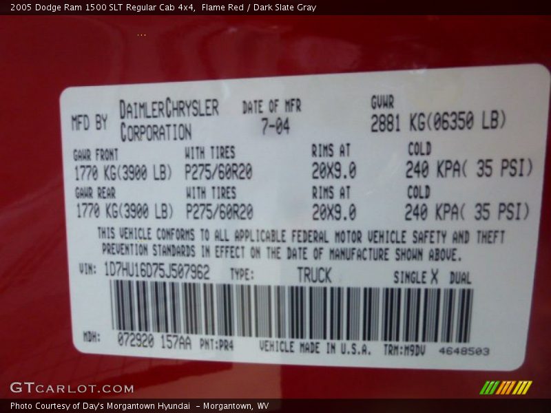 2005 Ram 1500 SLT Regular Cab 4x4 Flame Red Color Code PR4