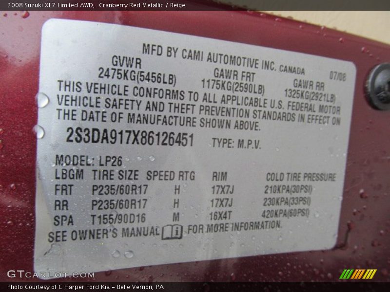 Cranberry Red Metallic / Beige 2008 Suzuki XL7 Limited AWD