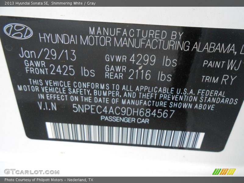 Shimmering White / Gray 2013 Hyundai Sonata SE