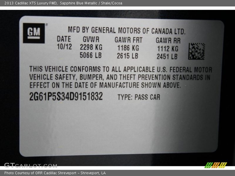 Sapphire Blue Metallic / Shale/Cocoa 2013 Cadillac XTS Luxury FWD