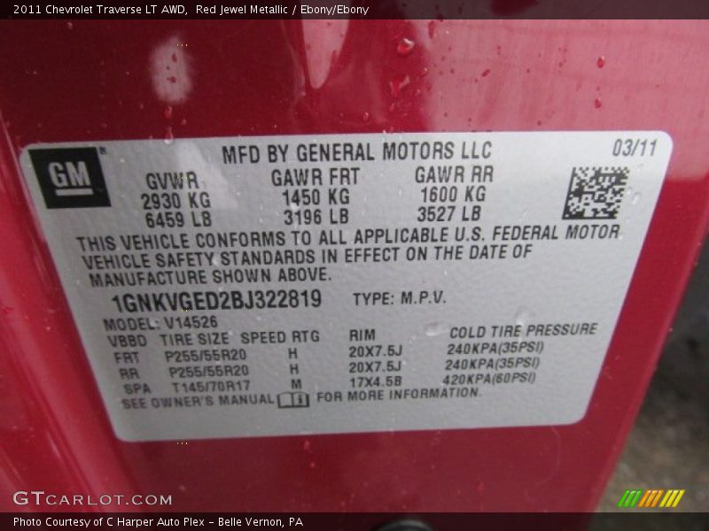 Red Jewel Metallic / Ebony/Ebony 2011 Chevrolet Traverse LT AWD