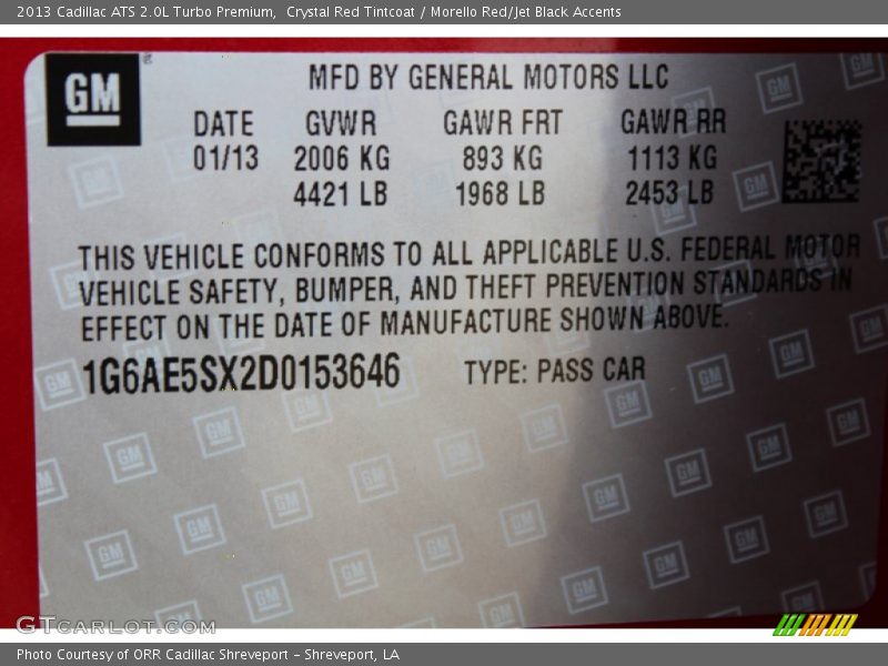 Info Tag of 2013 ATS 2.0L Turbo Premium