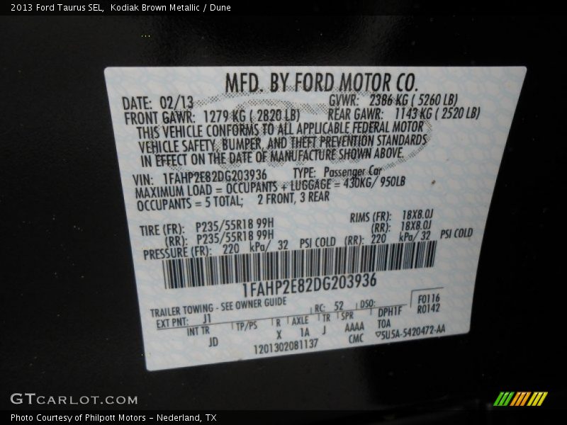 2013 Taurus SEL Kodiak Brown Metallic Color Code J1