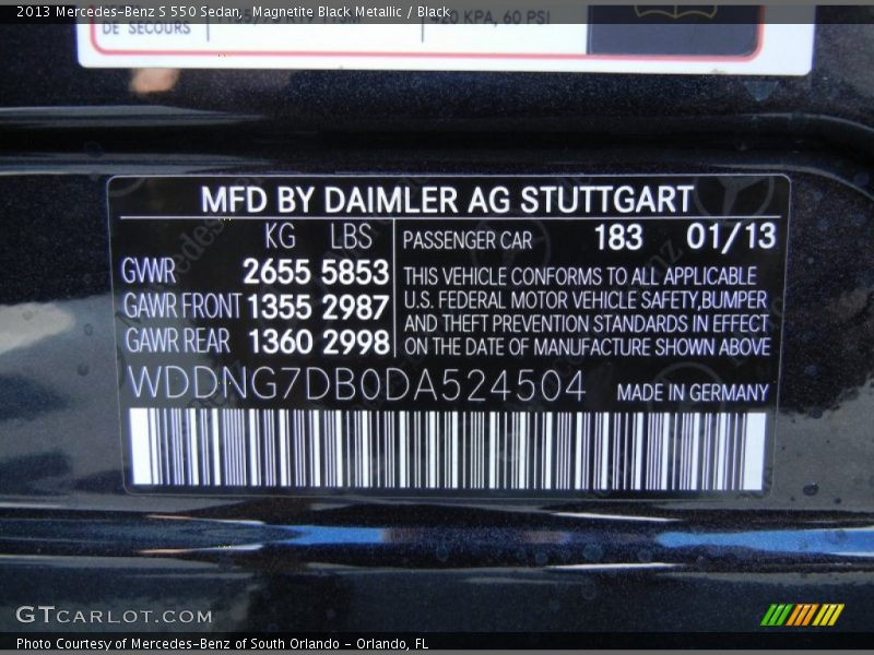 2013 S 550 Sedan Magnetite Black Metallic Color Code 183