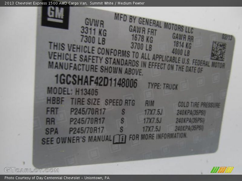 Summit White / Medium Pewter 2013 Chevrolet Express 1500 AWD Cargo Van