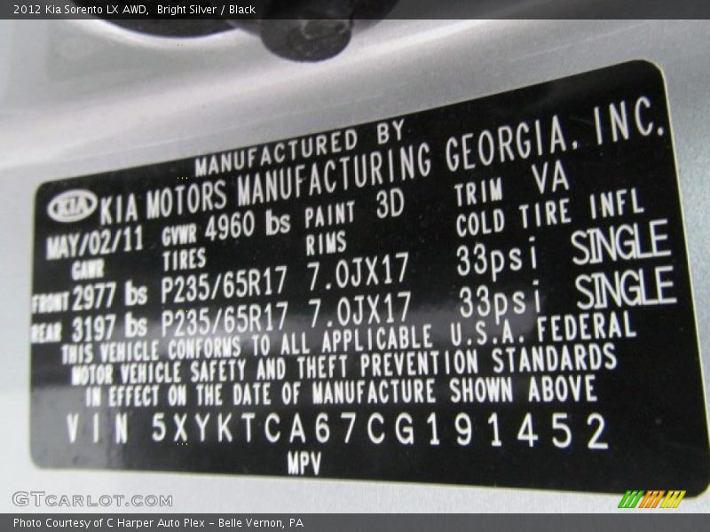 Bright Silver / Black 2012 Kia Sorento LX AWD