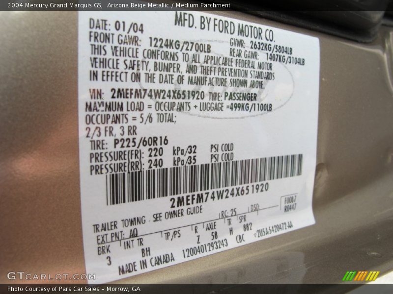 2004 Grand Marquis GS Arizona Beige Metallic Color Code AQ