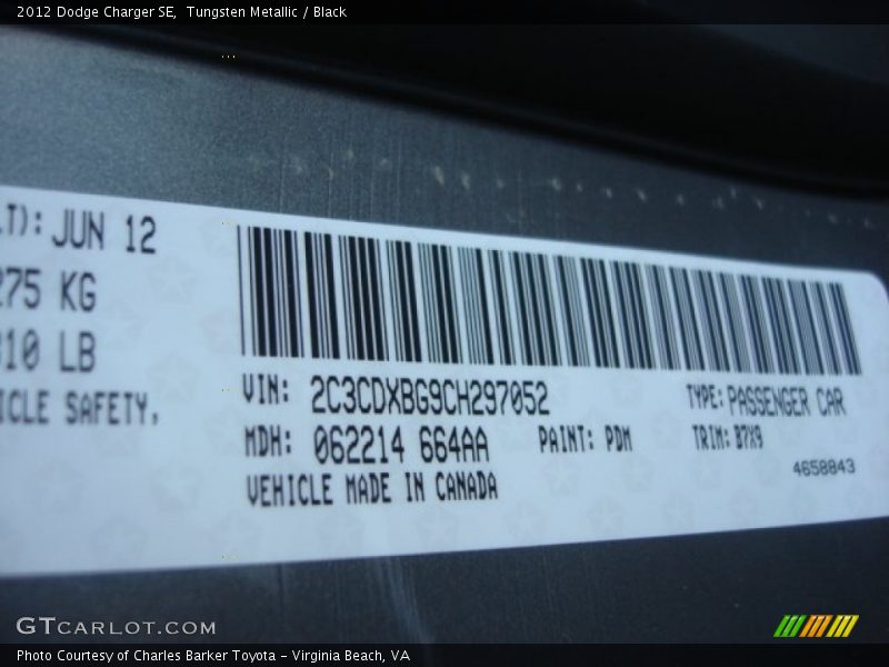 Tungsten Metallic / Black 2012 Dodge Charger SE
