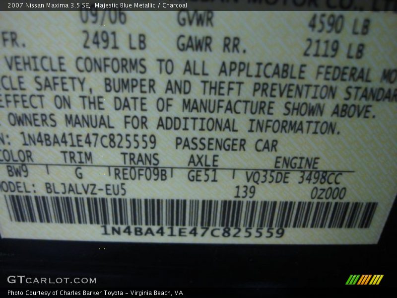 2007 Maxima 3.5 SE Majestic Blue Metallic Color Code BW9