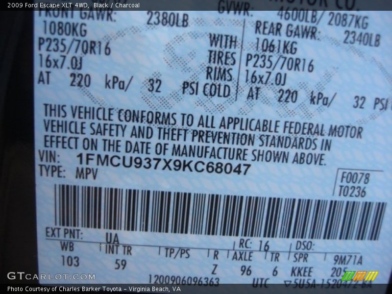 Black / Charcoal 2009 Ford Escape XLT 4WD
