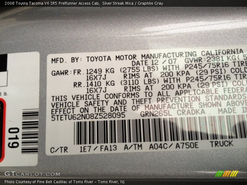 Silver Streak Mica / Graphite Gray 2008 Toyota Tacoma V6 SR5 PreRunner Access Cab