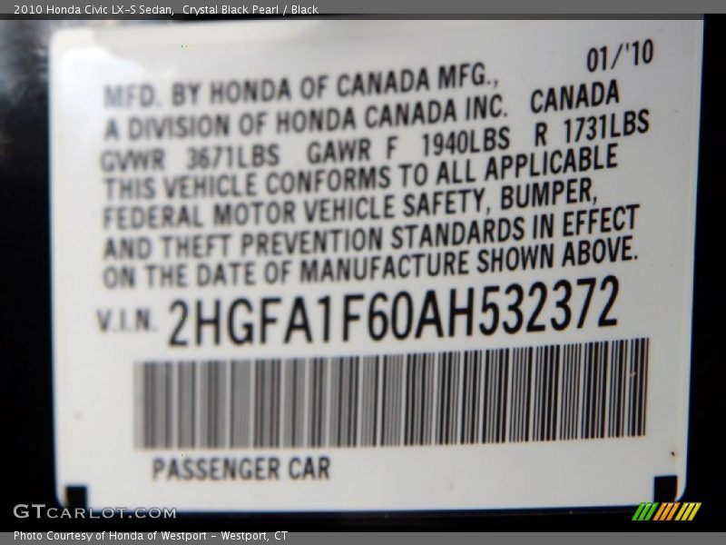 Crystal Black Pearl / Black 2010 Honda Civic LX-S Sedan