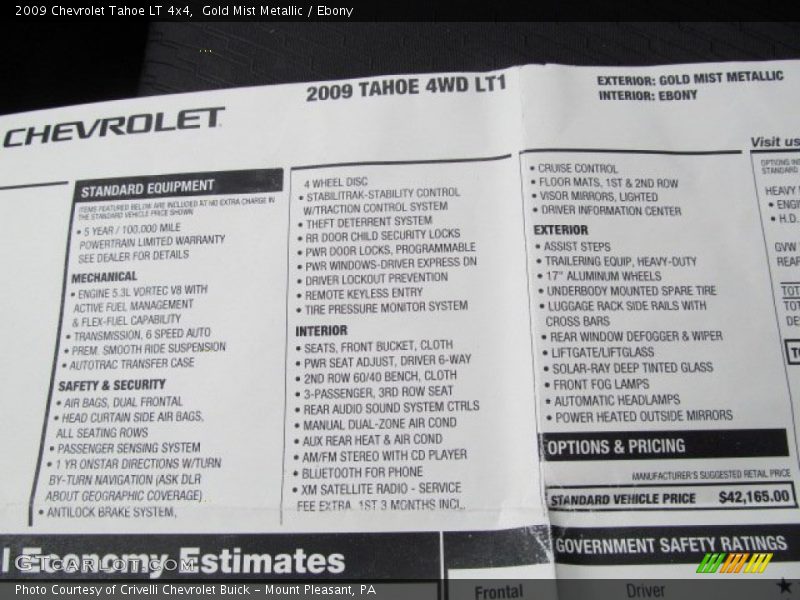  2009 Tahoe LT 4x4 Window Sticker